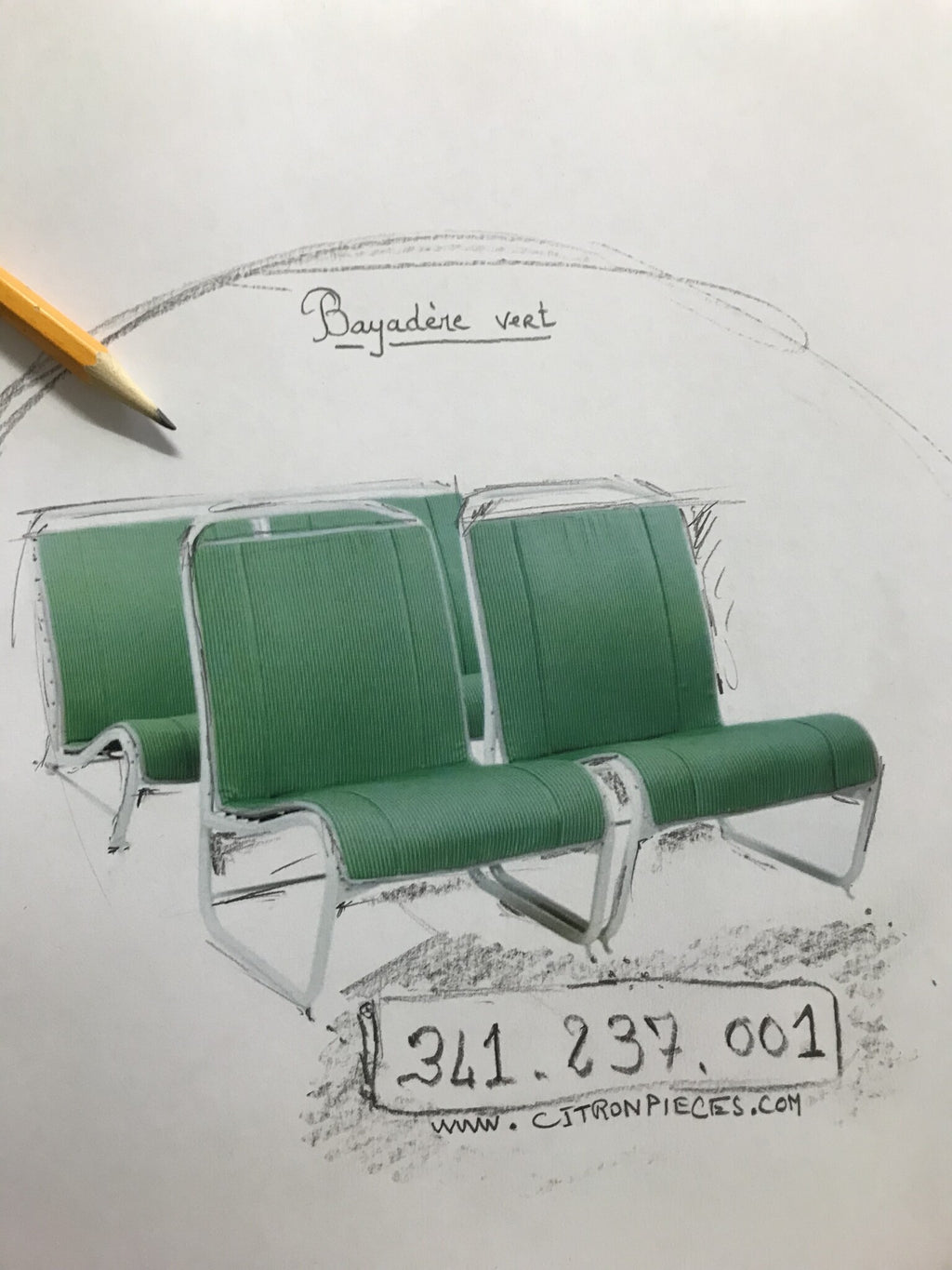 Original seat cover set for seat in green striped cloth (Exact Copie of the Original Cloth!) years '50 '60 Citroën 2CV