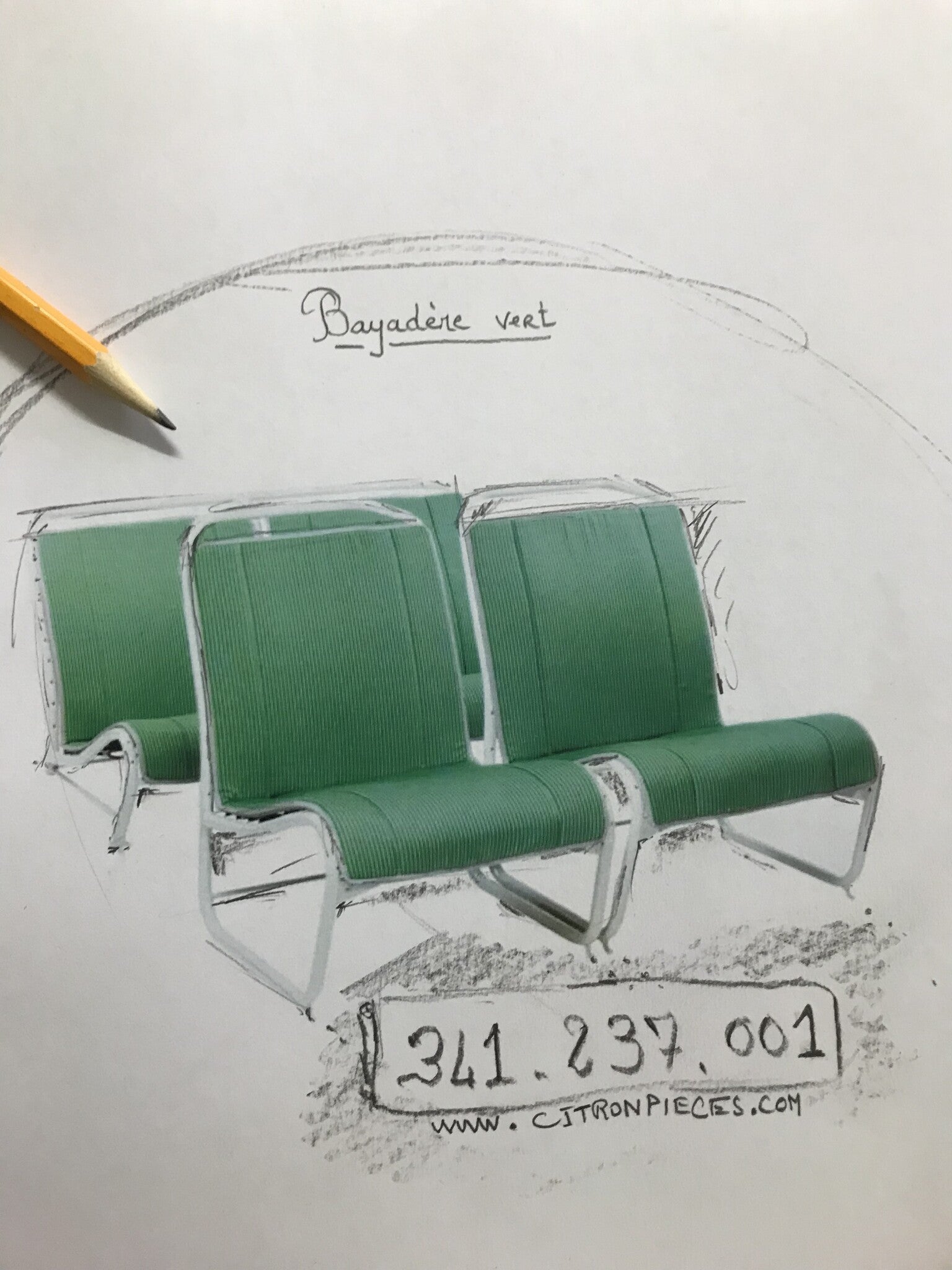 Original-Sitzbezüge-Set für Sitze aus grün gestreiftem Stoff (exakte Kopie des Originalstoffes!) für Citroën 2CV der Baujahre 50er/60er